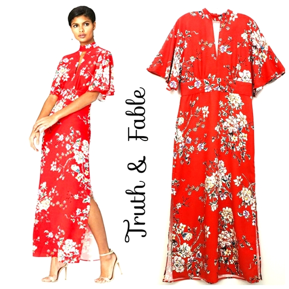 Nwot Truth & Fable Red Multicolor Floral Flutter Sleeve Maxidress - Picture 1 of 14